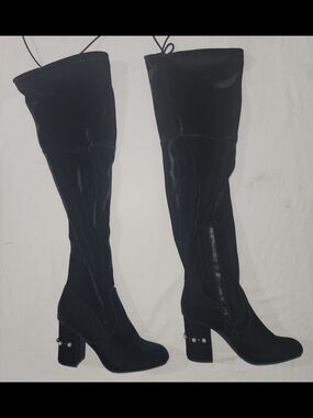 Justfabolous Black Over-the-Knee Boots With Pearl Accents On The Heels Size 7.5